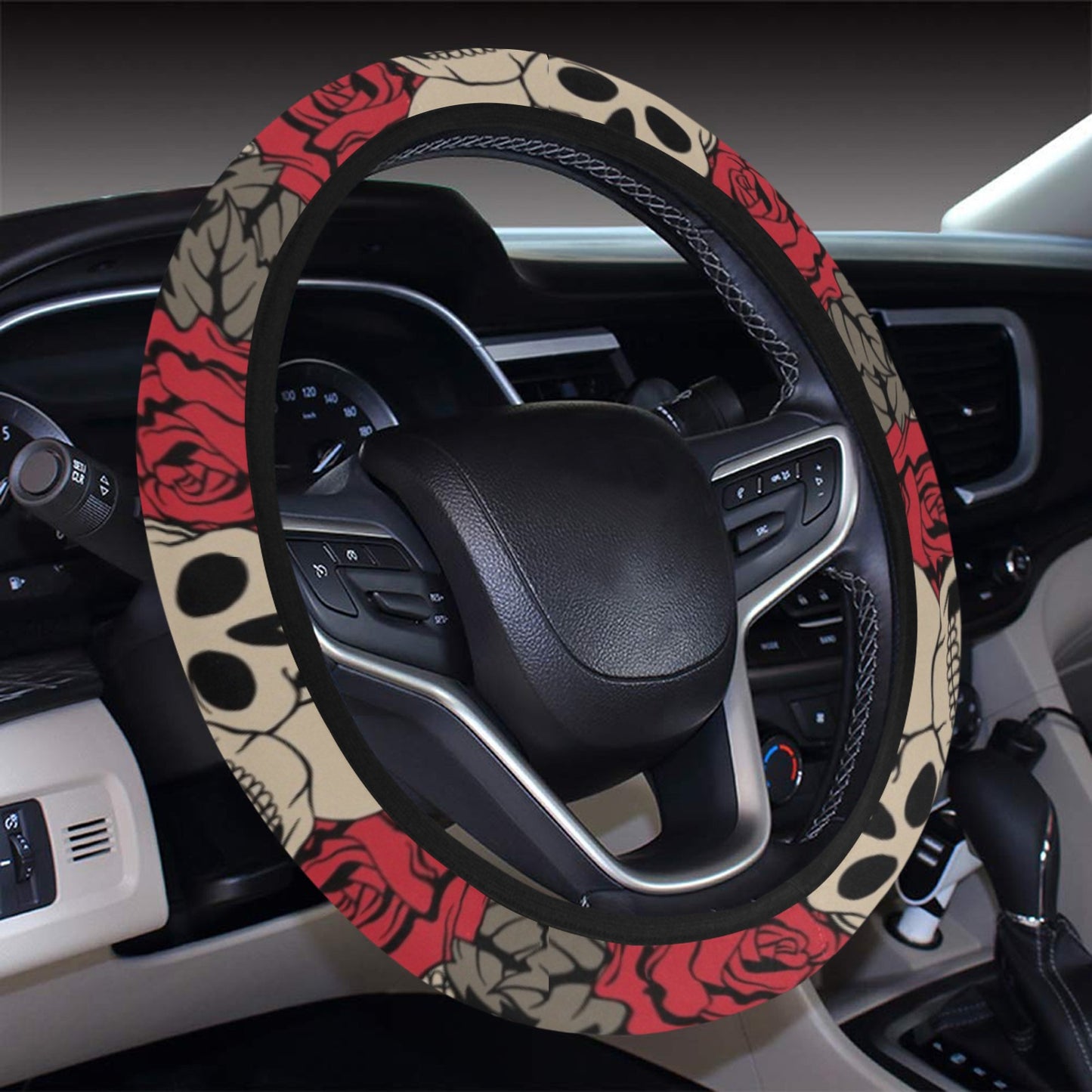Skull And Roses Print Design LKS301 Steering Wheel Cover with Elastic Edge