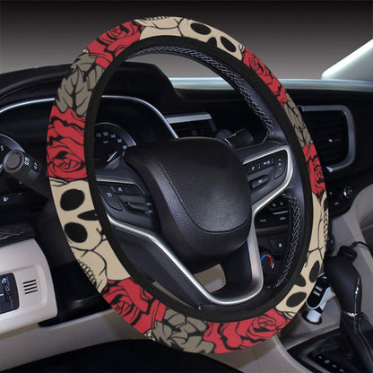 Skull And Roses Print Design LKS301 Steering Wheel Cover with Elastic Edge