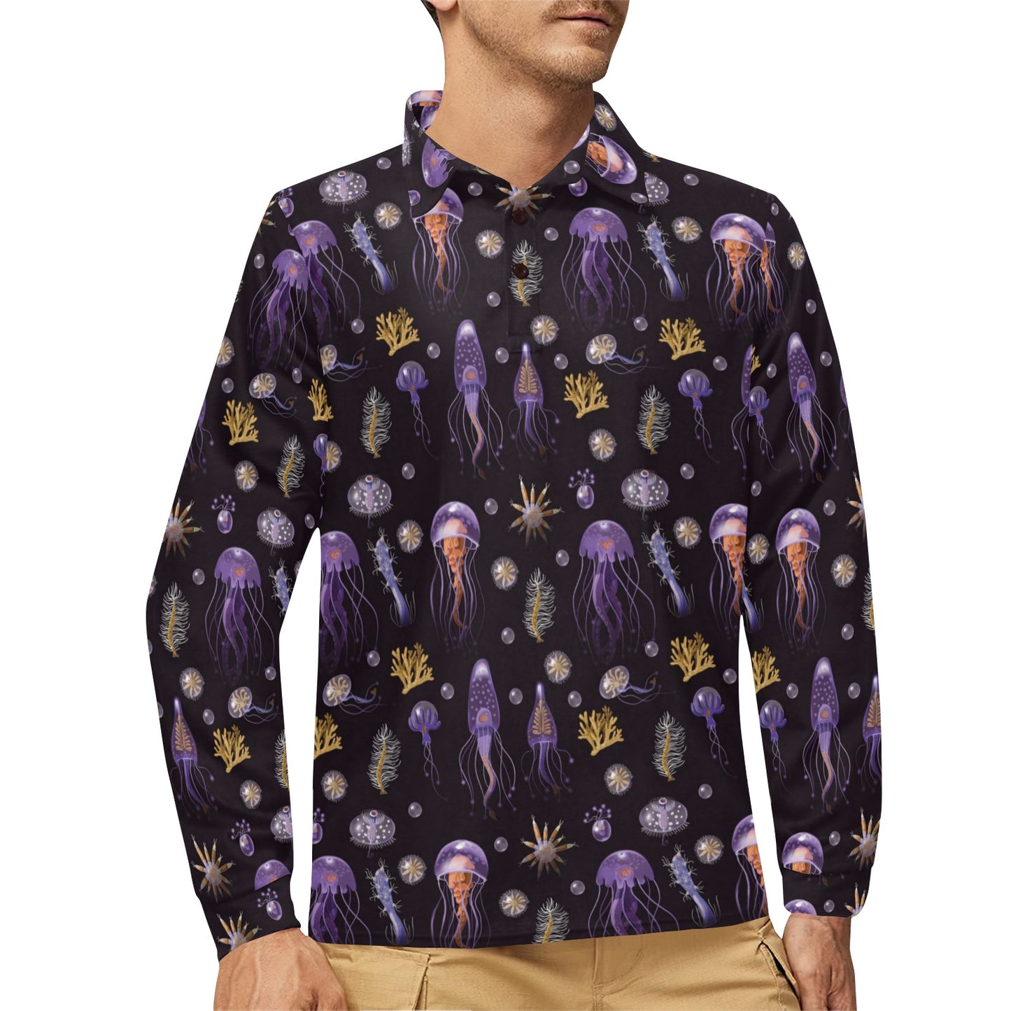 Seaweed With Jelly Fish Print Design LKS305 Long Sleeve Polo Shirt For Men's