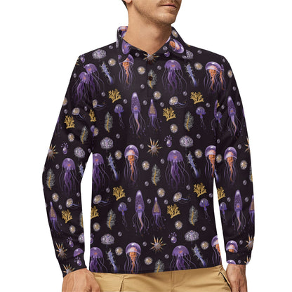 Seaweed With Jelly Fish Print Design LKS305 Long Sleeve Polo Shirt For Men's