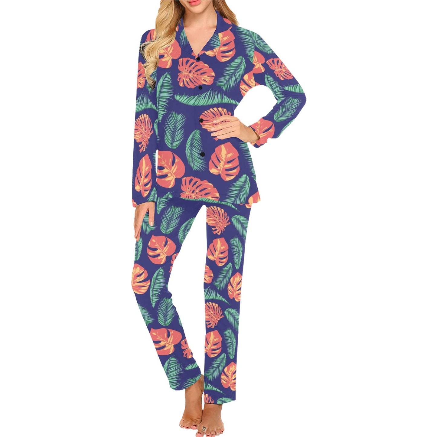 Palm Leaves Pattern Print Design PL011 Women's Long Pajama Set