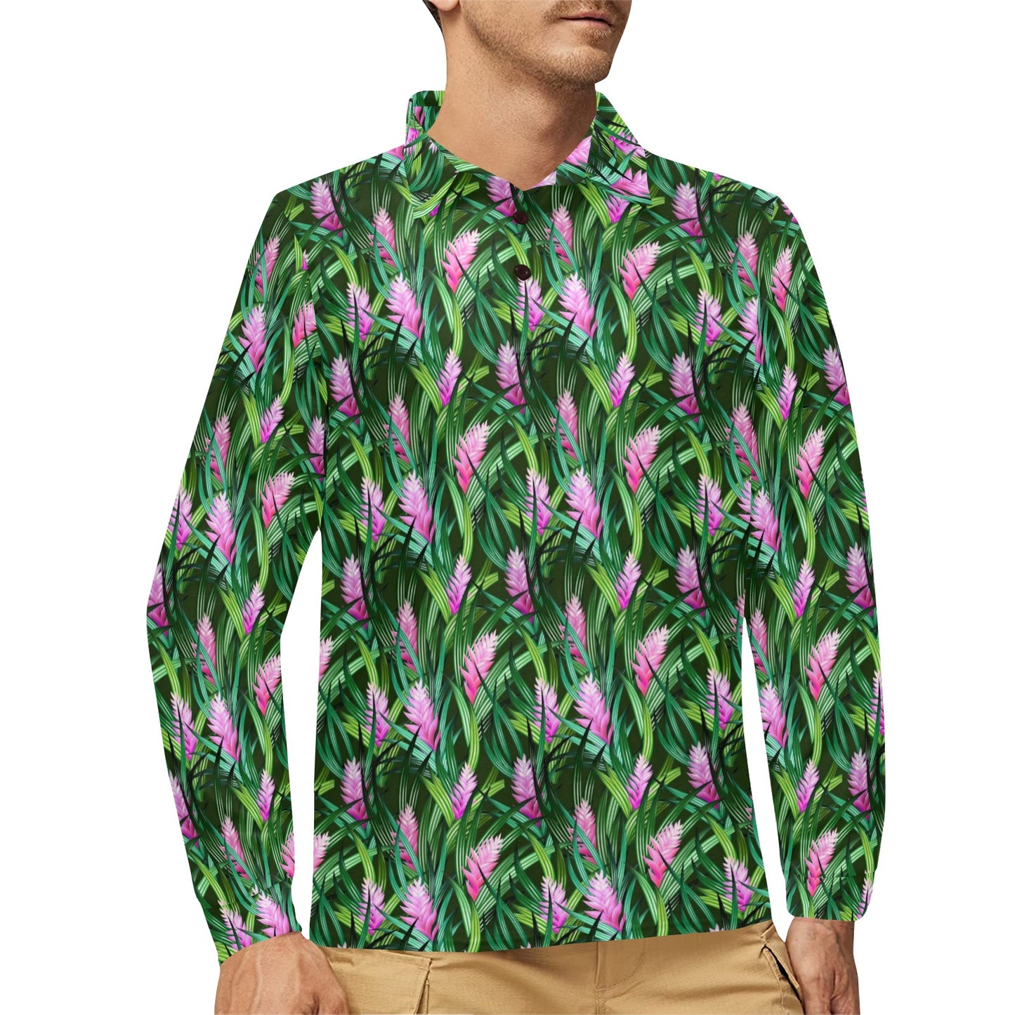 Tropical Folower Pink Heliconia Print Long Sleeve Polo Shirt For Men's