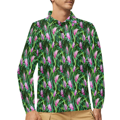 Tropical Folower Pink Heliconia Print Long Sleeve Polo Shirt For Men's