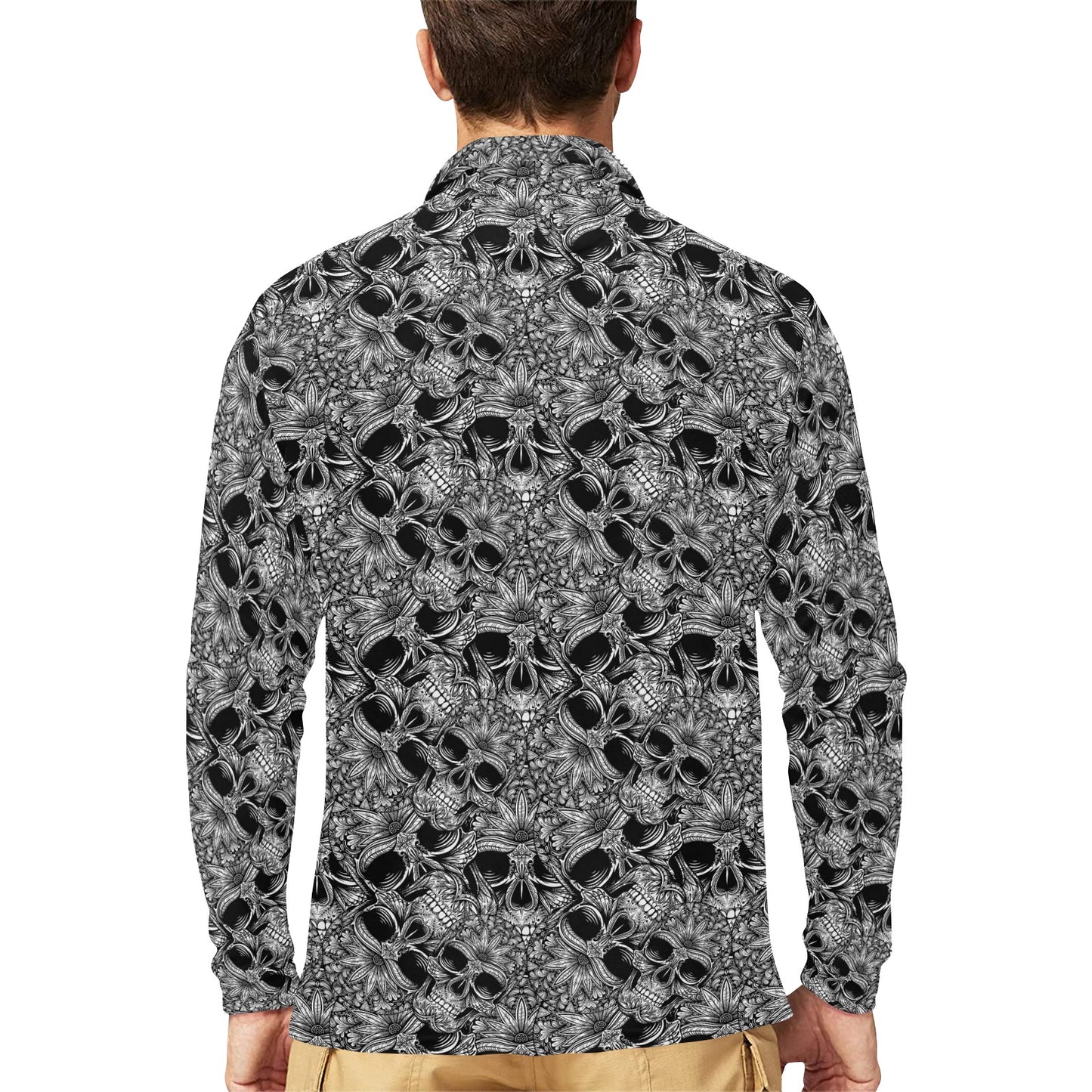 Skull Tattoo Design Print Long Sleeve Polo Shirt For Men's
