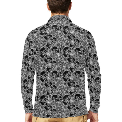 Skull Tattoo Design Print Long Sleeve Polo Shirt For Men's
