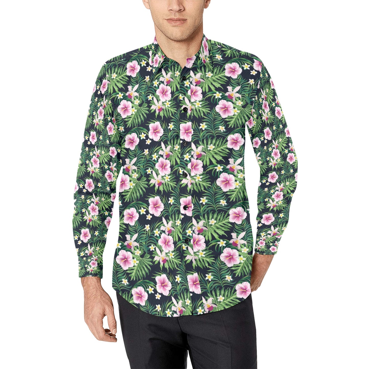 Hibiscus Tropical Print Design LKS309 Men's Long Sleeve Dress Shirt