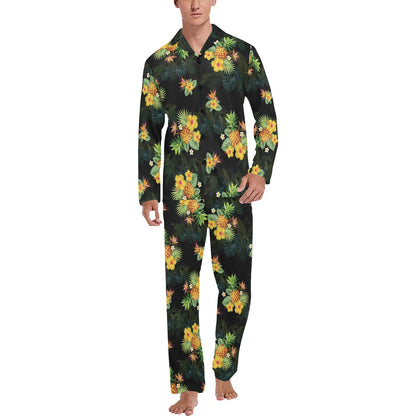 Pineapple Tropical Flower Print Pattern Men's Long Pajama Set