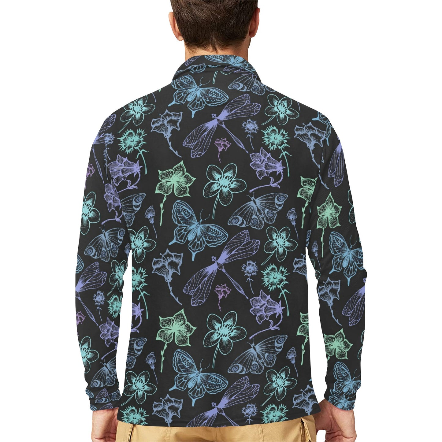 Butterfly Dragonfly Long Sleeve Polo Shirt For Men's