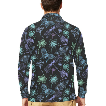 Butterfly Dragonfly Long Sleeve Polo Shirt For Men's