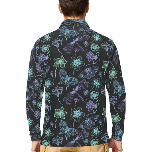 Butterfly Dragonfly Long Sleeve Polo Shirt For Men's