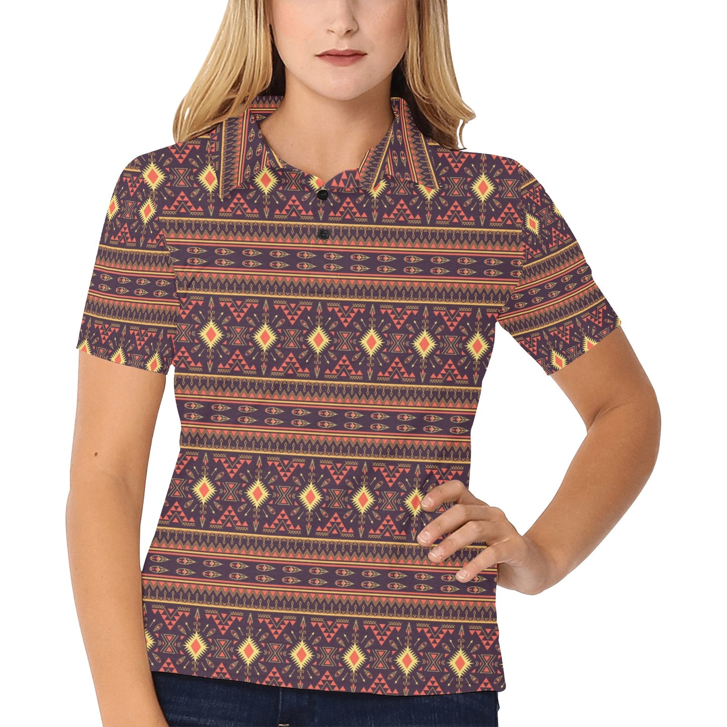 Southwest Ethnic Design Themed Print Women's Polo Shirt