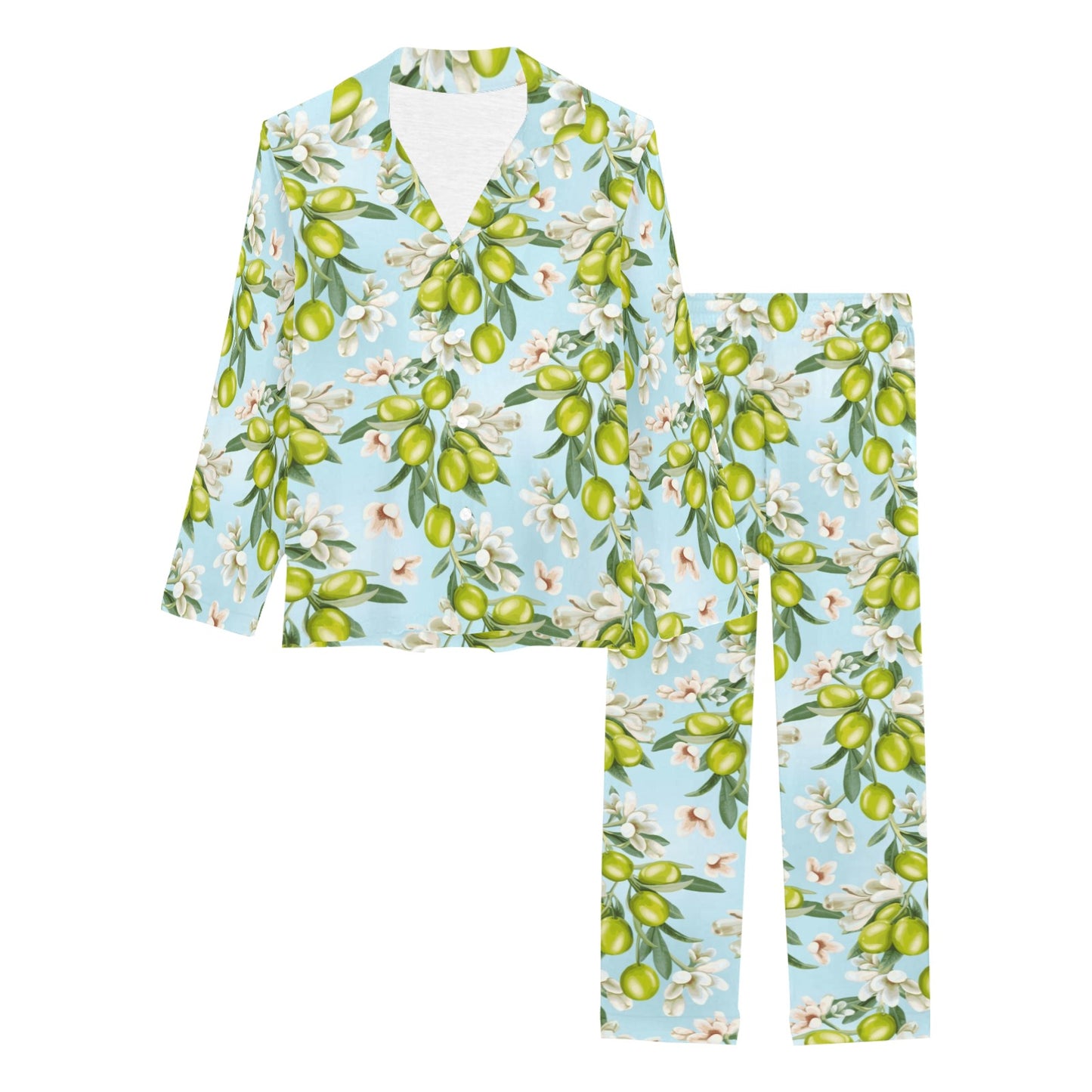 Elegant Olive Floral Print Women's Long Pajama Set