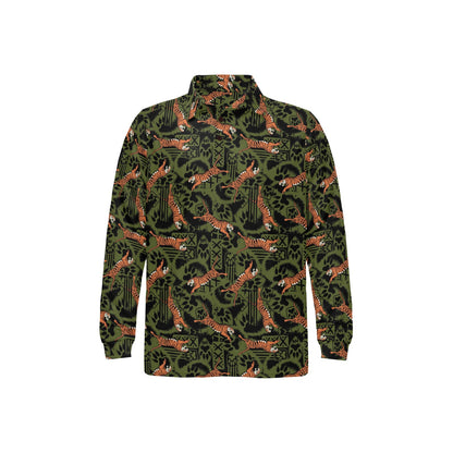 Tiger Pattern Print Design LKS303 Long Sleeve Polo Shirt For Men's