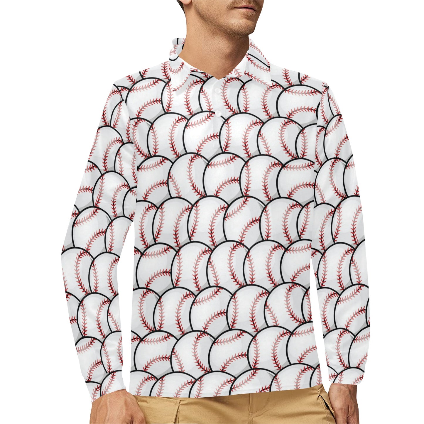 Baseball Pattern Long Sleeve Polo Shirt For Men's