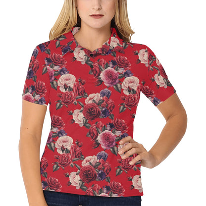 Rose Red Pattern Print Design RO07 Women's Polo Shirt