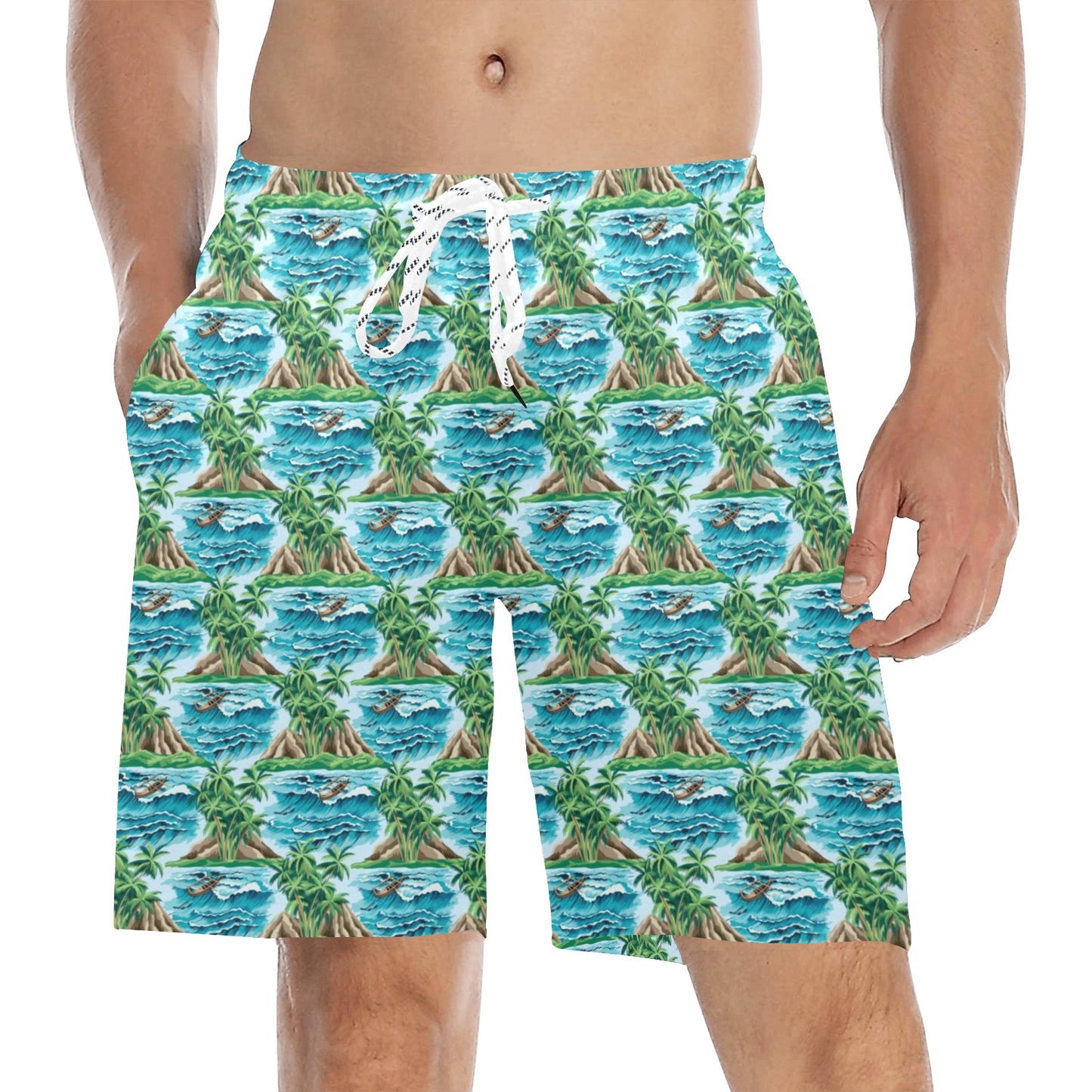 Palm Tree Hawaiian Themed Design Print Men's Swim Trunks Beach Shorts