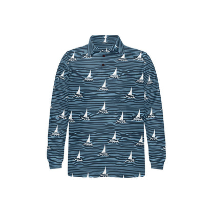 Sailboat Print Design LKS303 Long Sleeve Polo Shirt For Men's