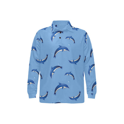 Dolphin Blue Print Long Sleeve Polo Shirt For Men's