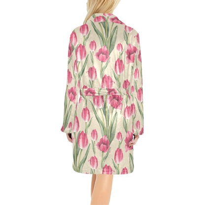 Tulip Pink Pattern Print Design TP06 Women's Fleece Robe