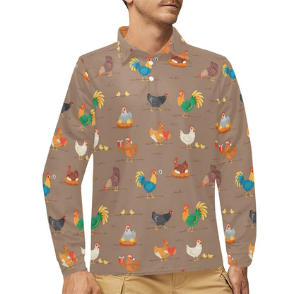 Chicken Happy Print Pattern Long Sleeve Polo Shirt For Men's