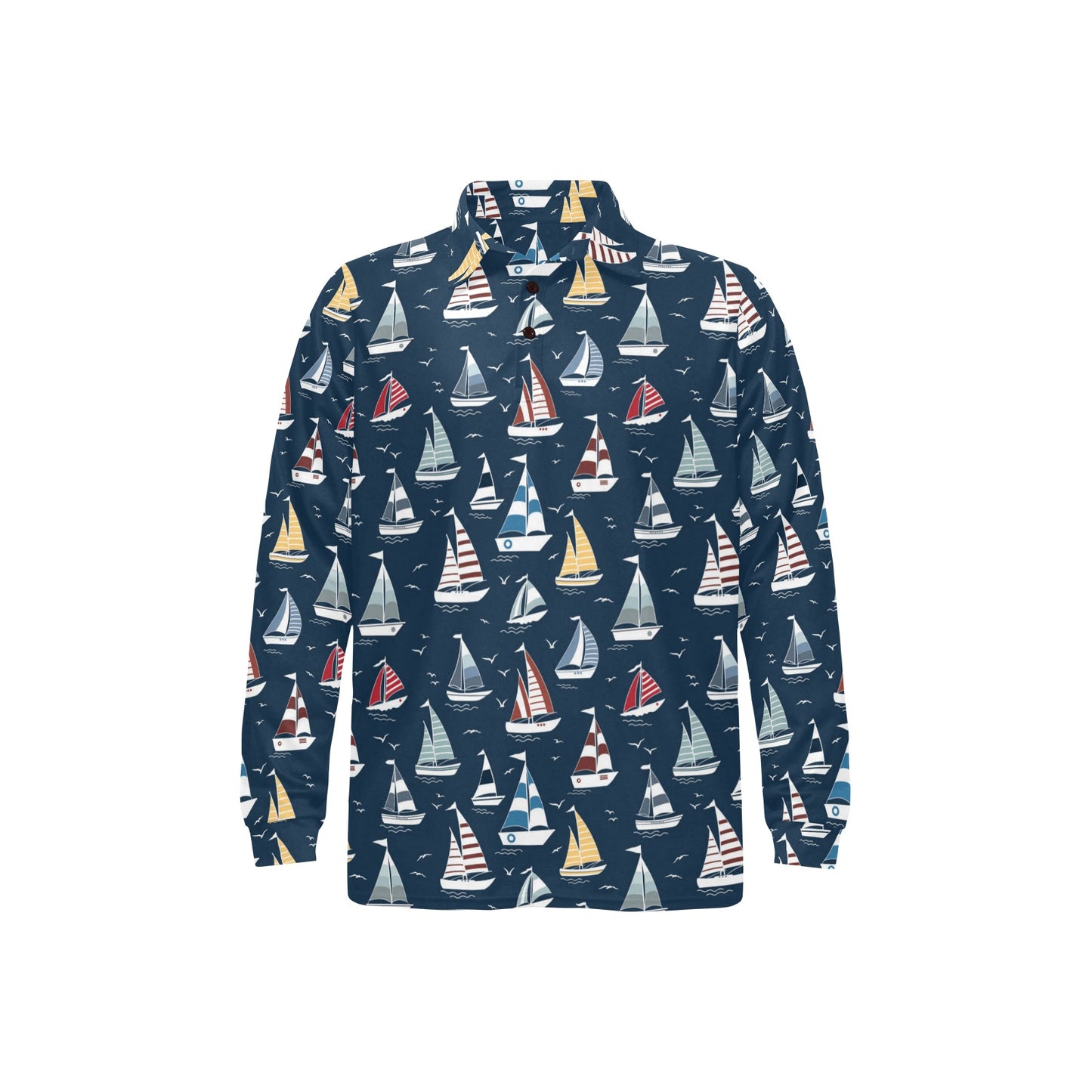 Sailboat Print Design LKS306 Long Sleeve Polo Shirt For Men's
