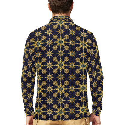 kaleidoscope Gold Print Design Long Sleeve Polo Shirt For Men's
