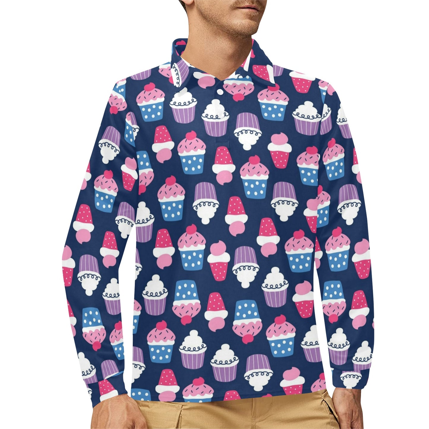 Cupcake Pattern Print Design CP04 Long Sleeve Polo Shirt For Men's