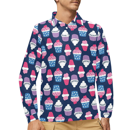 Cupcake Pattern Print Design CP04 Long Sleeve Polo Shirt For Men's