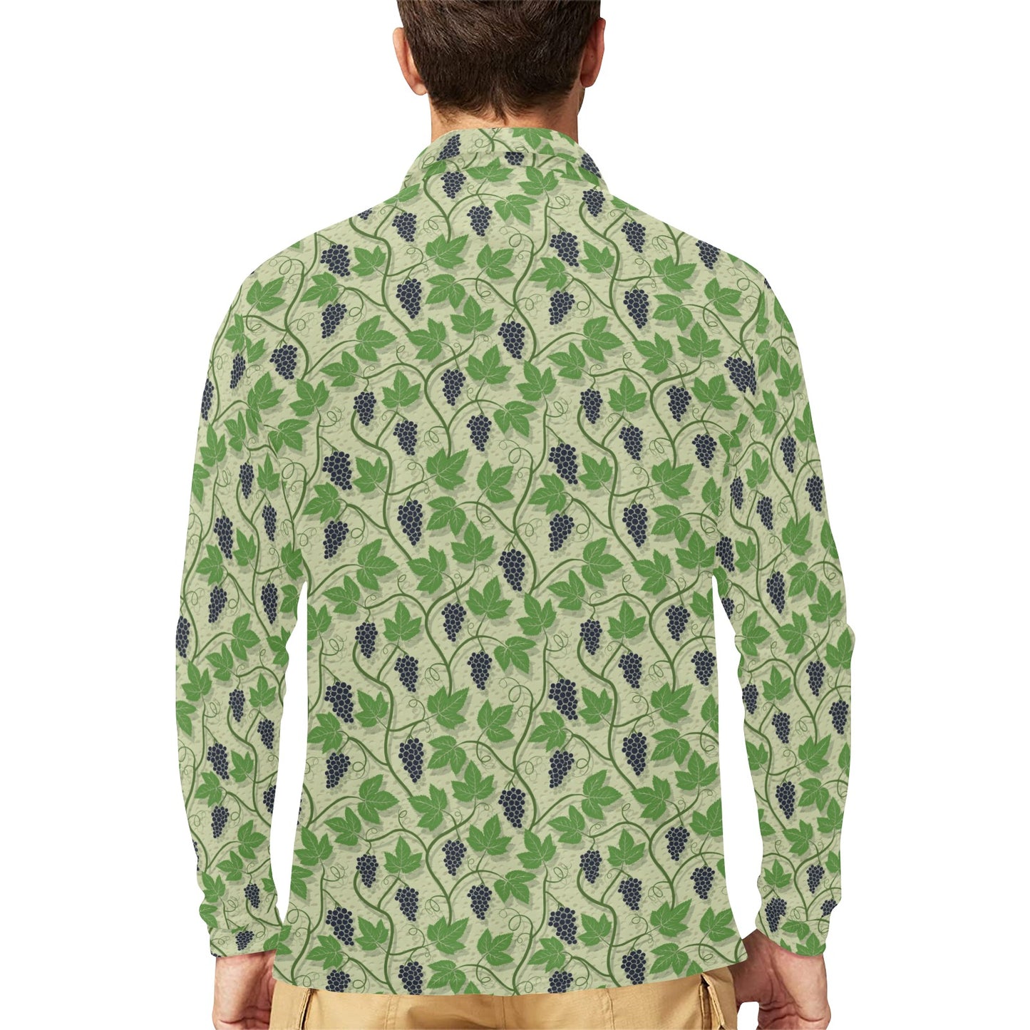 Wine Grape Thmed Print Long Sleeve Polo Shirt For Men's
