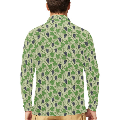 Wine Grape Thmed Print Long Sleeve Polo Shirt For Men's