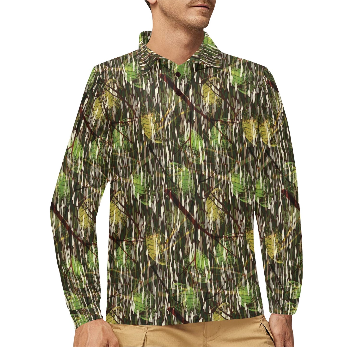 Camouflage Realtree Pattern Print Design 02 Long Sleeve Polo Shirt For Men's