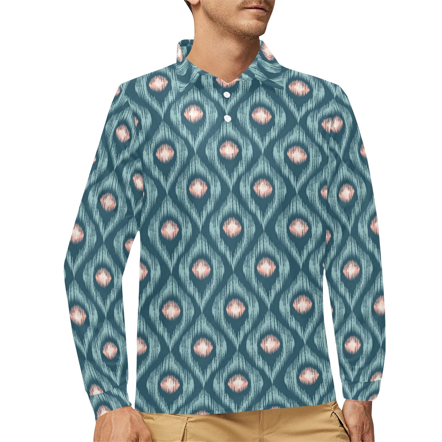 Ikat Print Design LKS402 Long Sleeve Polo Shirt For Men's