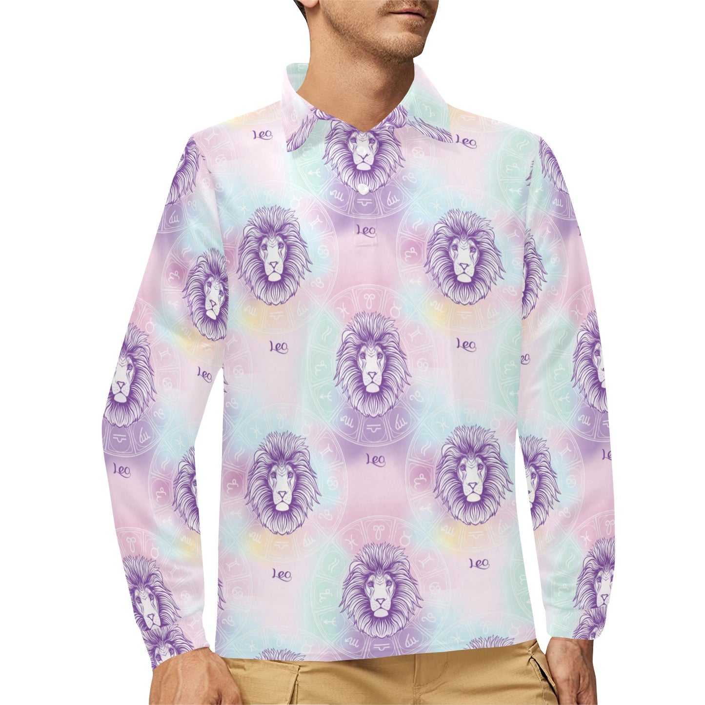 Leo Pattern Print Design 03 Long Sleeve Polo Shirt For Men's