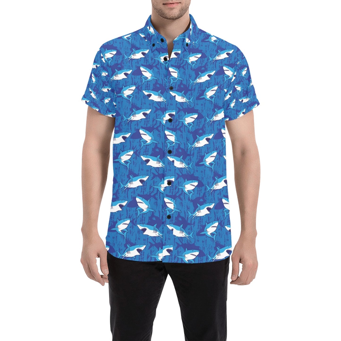 Shark Print Design LKS308 Men Short Sleeve Button Up Shirt