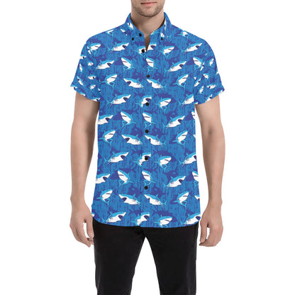 Shark Print Design LKS308 Men Short Sleeve Button Up Shirt