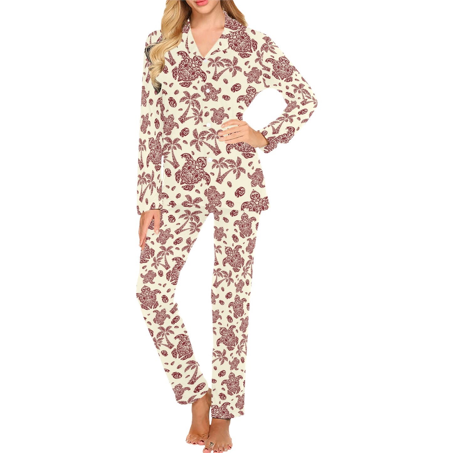 Polynesian Tattoo Turtle Themed Women's Long Pajama Set