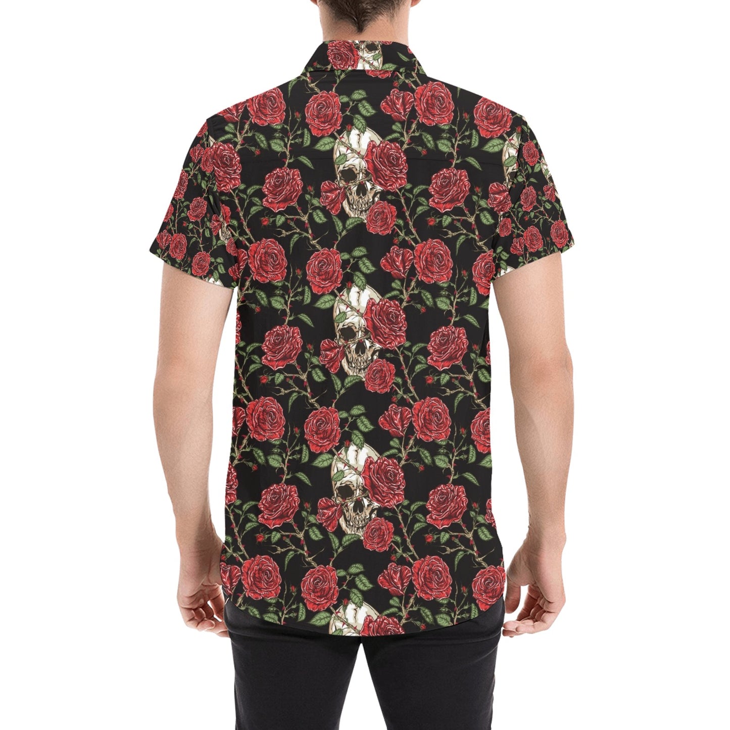 Skull And Roses Print Design LKS303 Men Short Sleeve Button Up Shirt