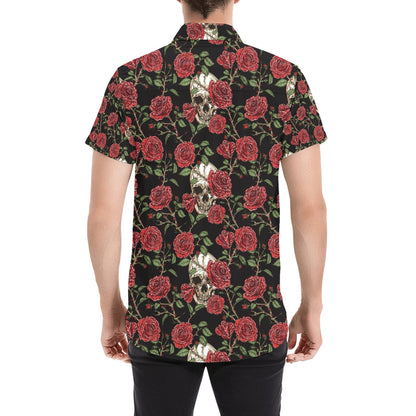 Skull And Roses Print Design LKS303 Men Short Sleeve Button Up Shirt