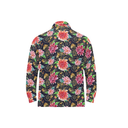 Dahlia Pattern Print Design DH02 Long Sleeve Polo Shirt For Men's