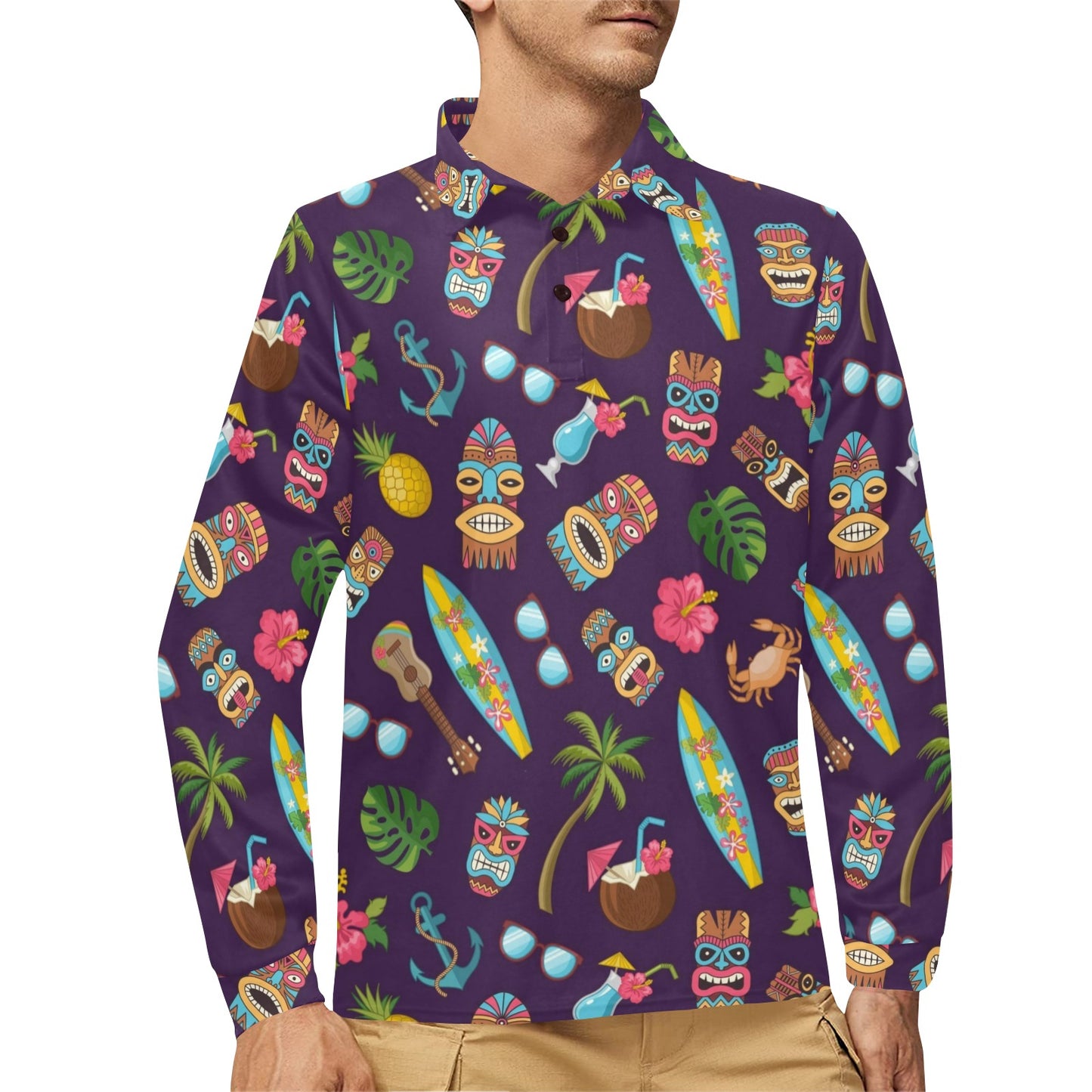 Hawaiian Themed Pattern Print Design H024 Long Sleeve Polo Shirt For Men's