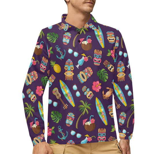 Hawaiian Themed Pattern Print Design H024 Long Sleeve Polo Shirt For Men's