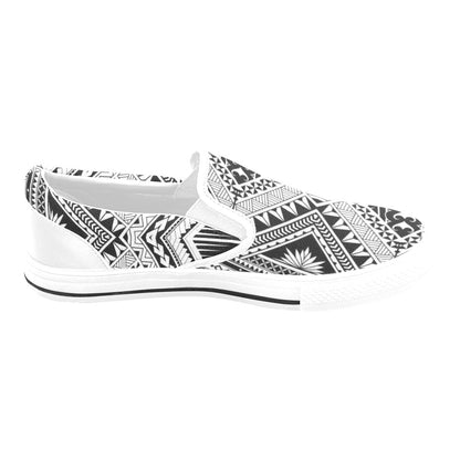 Samoan Tattoo Style Print Design LKS307 White Slip Ons Canvas Women's Shoes