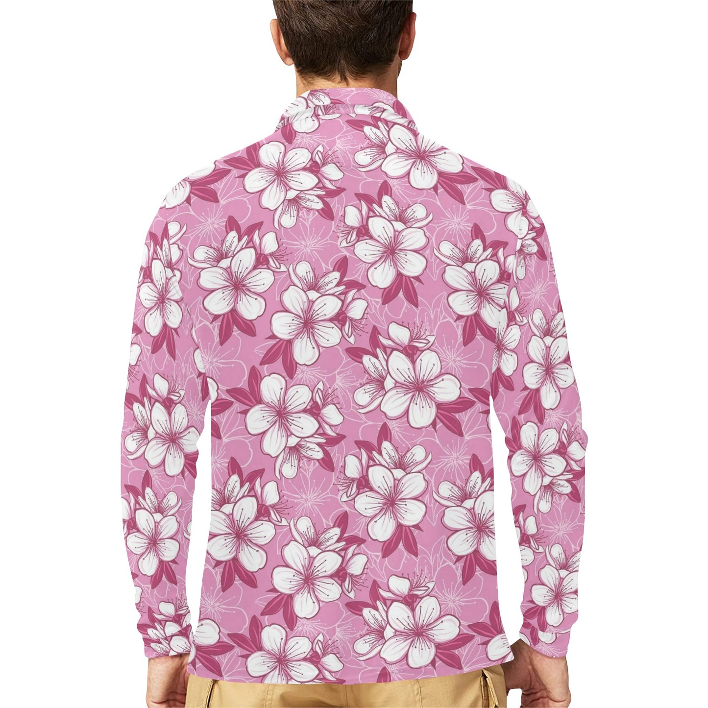 Cherry Blossom Pattern Print Design CB02 Long Sleeve Polo Shirt For Men's