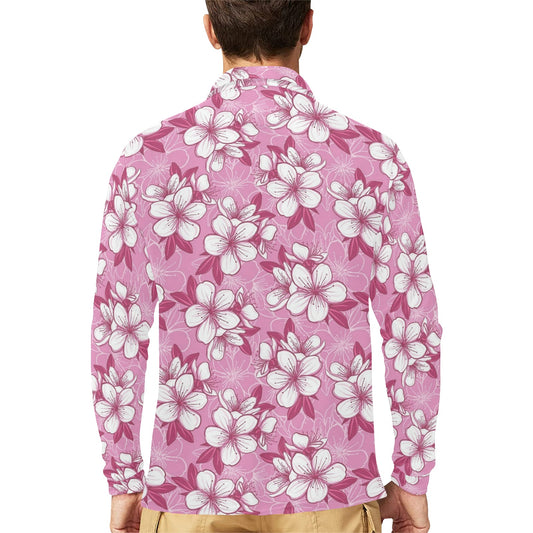 Cherry Blossom Pattern Print Design CB02 Long Sleeve Polo Shirt For Men's