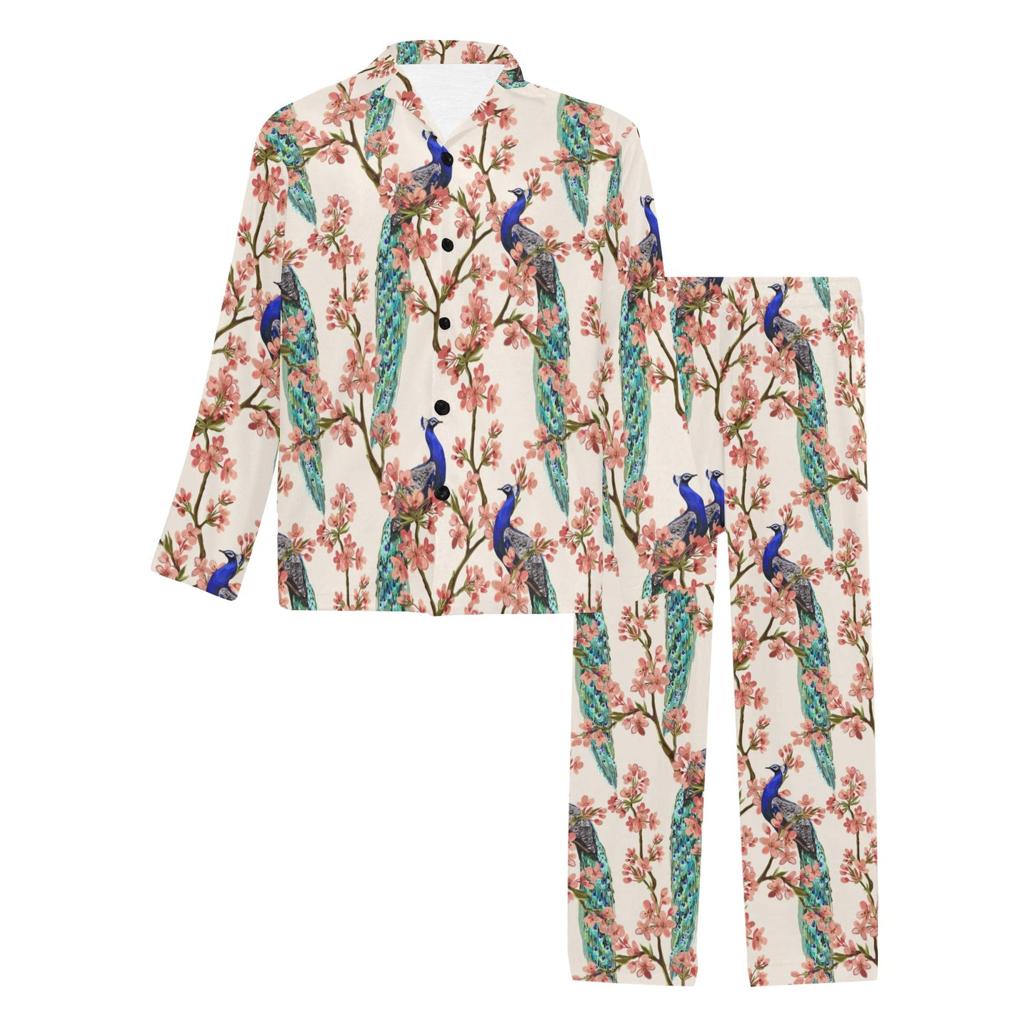 Cherry Blossom Peacock Men's Long Pajama Set