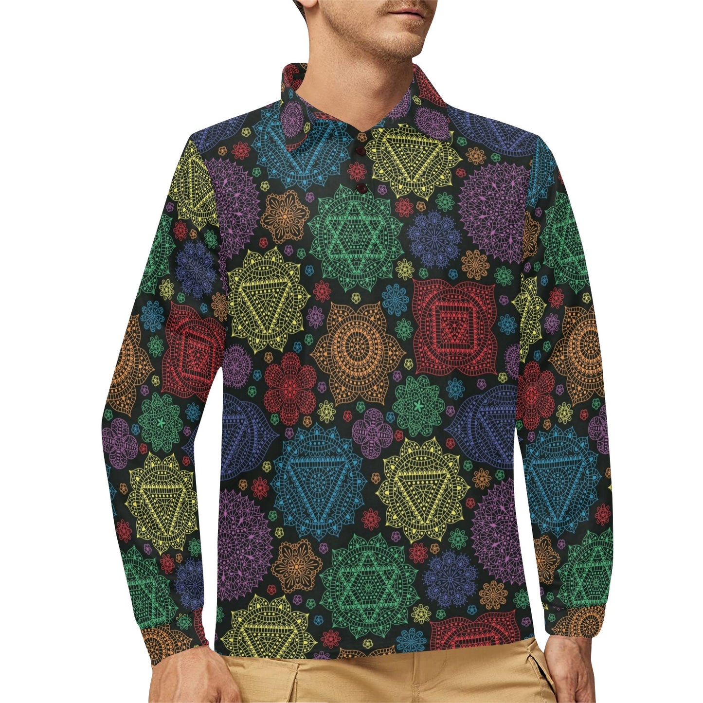 Chakra Mandala Print Pattern Long Sleeve Polo Shirt For Men's