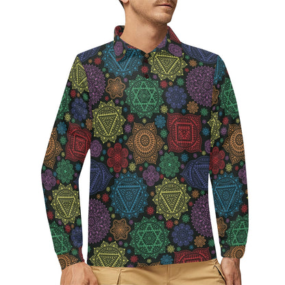 Chakra Mandala Print Pattern Long Sleeve Polo Shirt For Men's