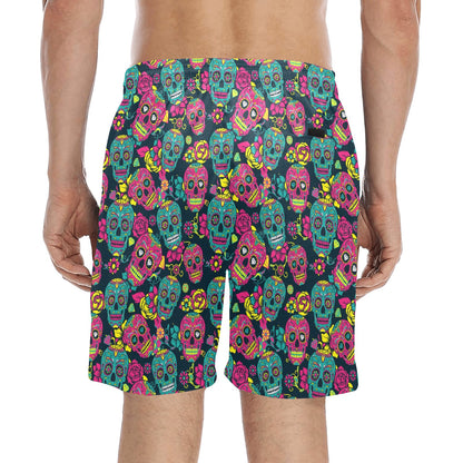 Sugar Skull Floral Design Themed Print Men's Swim Trunks Beach Shorts