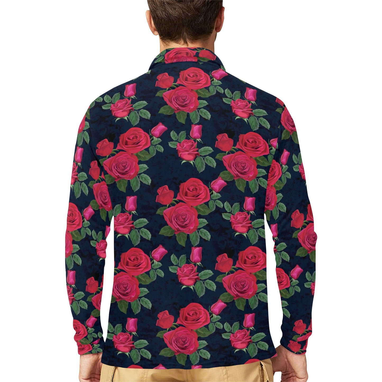 Rose Pattern Print Design A04 Long Sleeve Polo Shirt For Men's