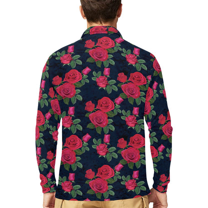 Rose Pattern Print Design A04 Long Sleeve Polo Shirt For Men's